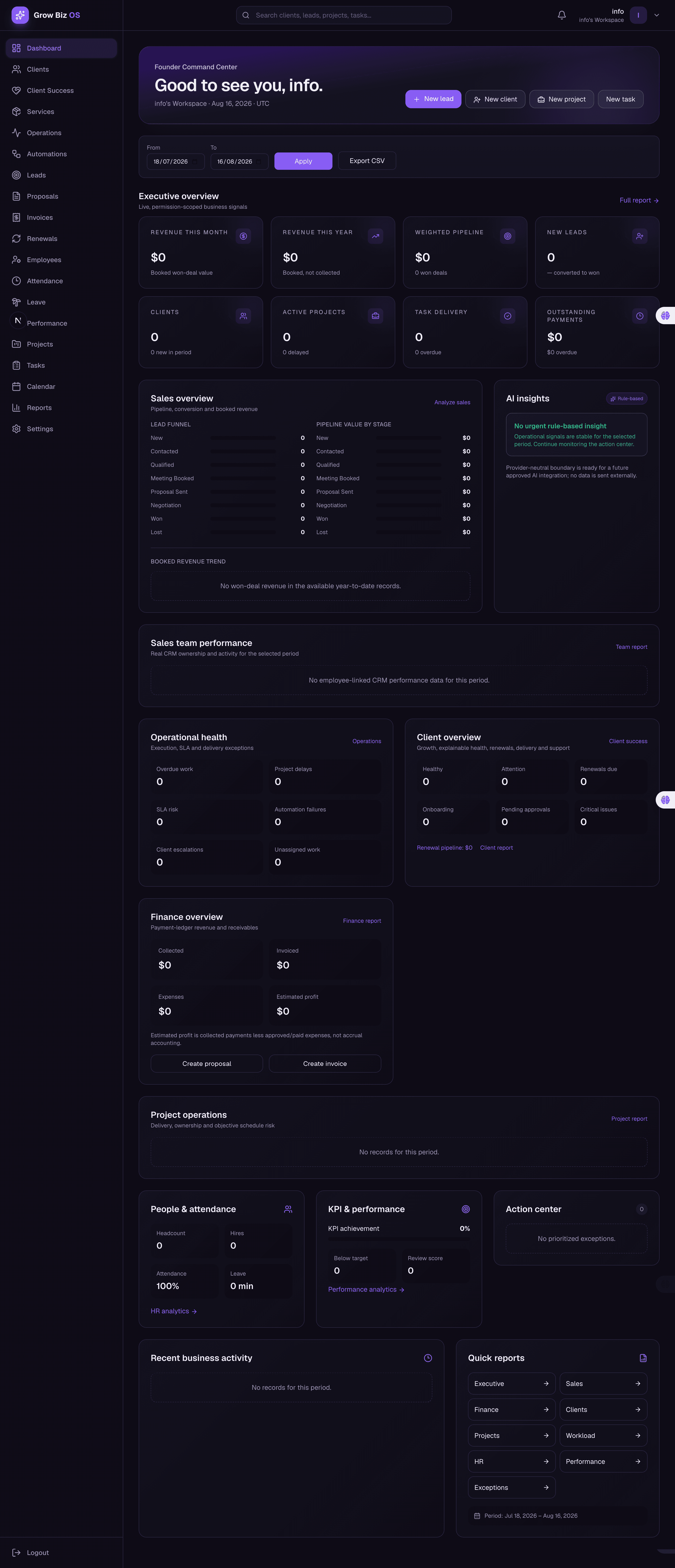 Grow Biz OS connected business dashboard