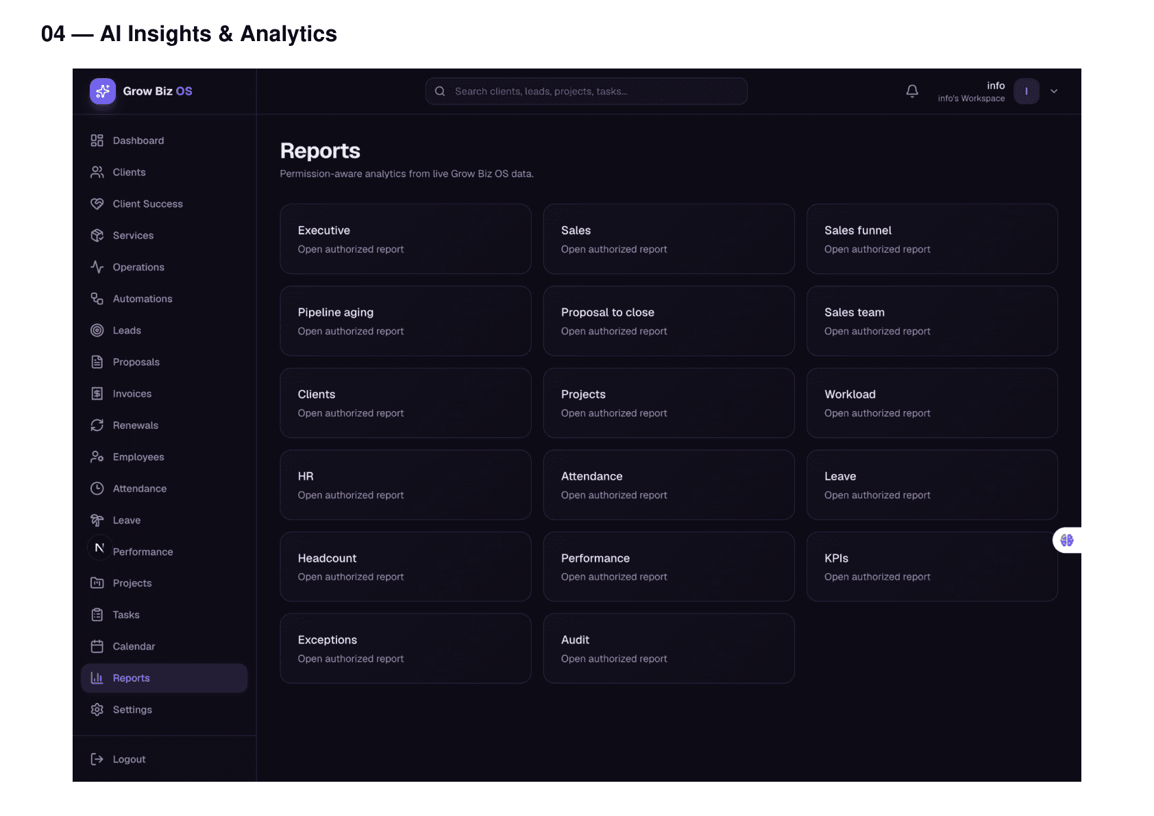 Grow Biz OS business reporting dashboard